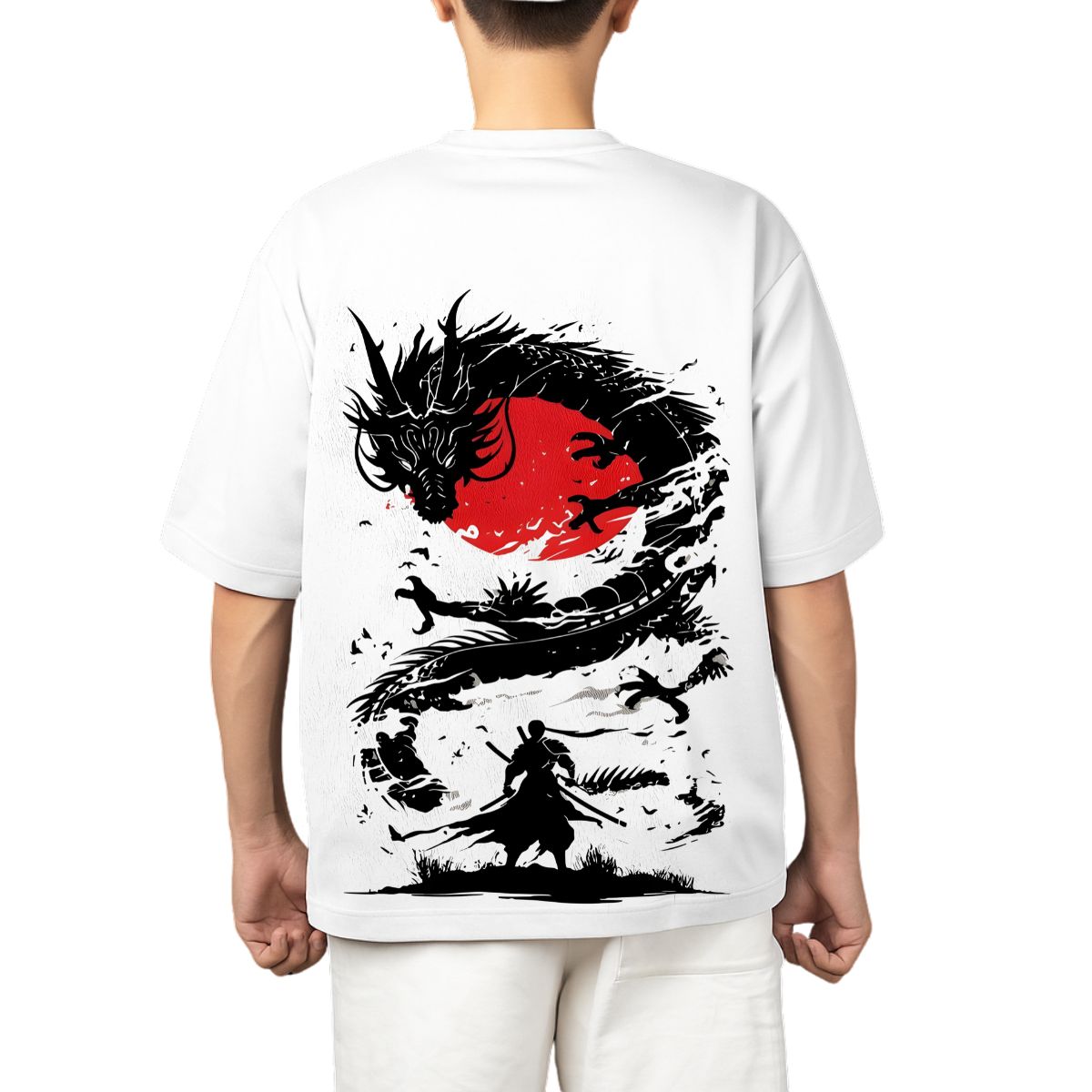 samurai warrior and dragon design printed oversized t shirt